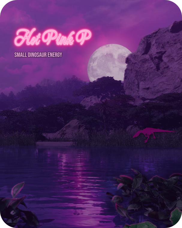 HotPinkP neon jungle scene with moonlight and a small Troodon silhouette